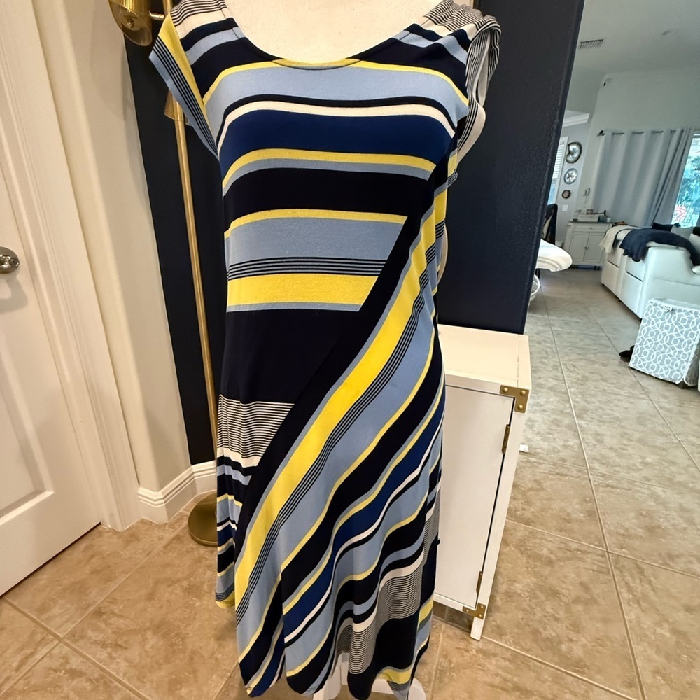 Spense Striped Sleeveless Dress - Blue, Yellow, dark blue. Size medium.